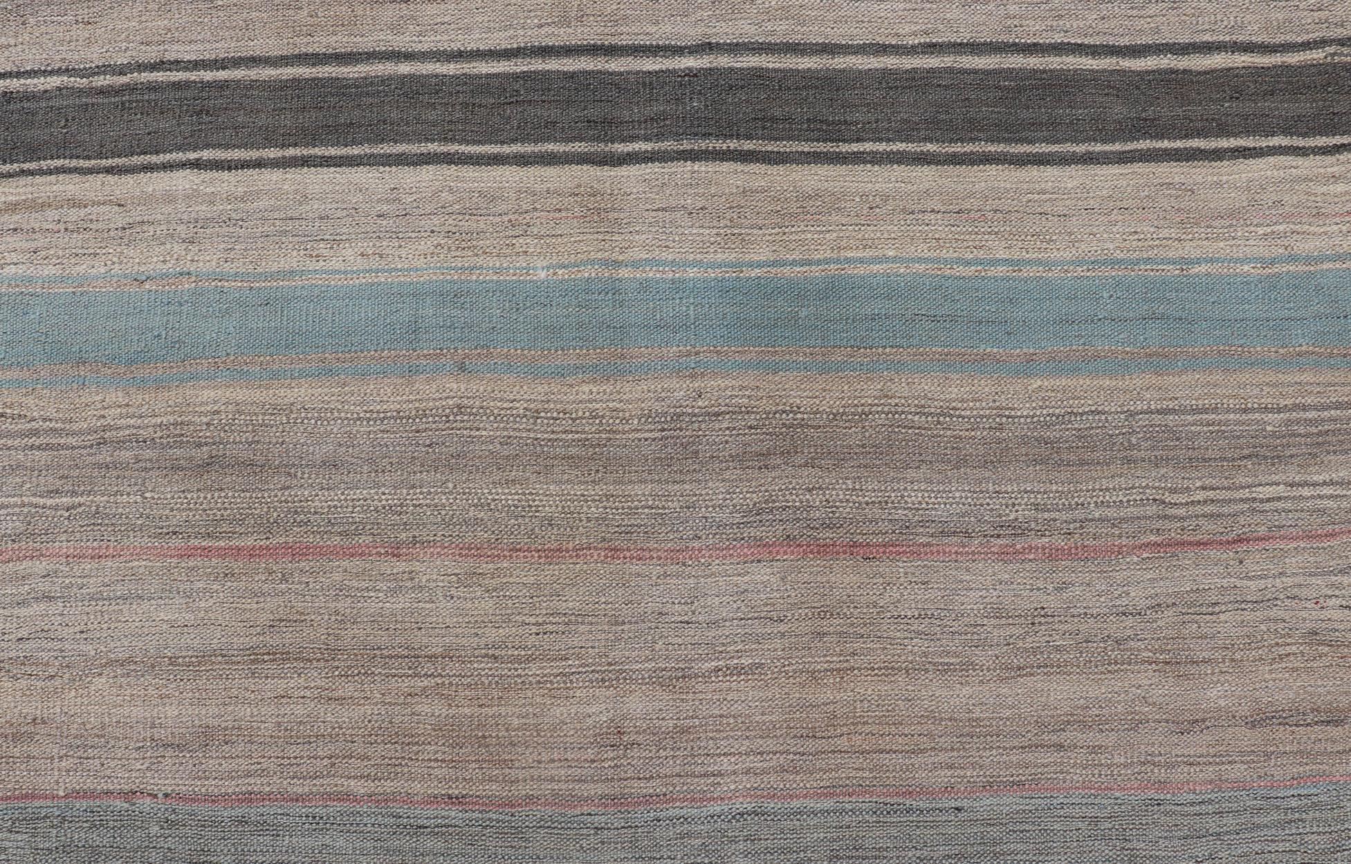 Modern Kilim Rug with Large Stripes in Shades of Blue, Taupe, Gray For Sale 4