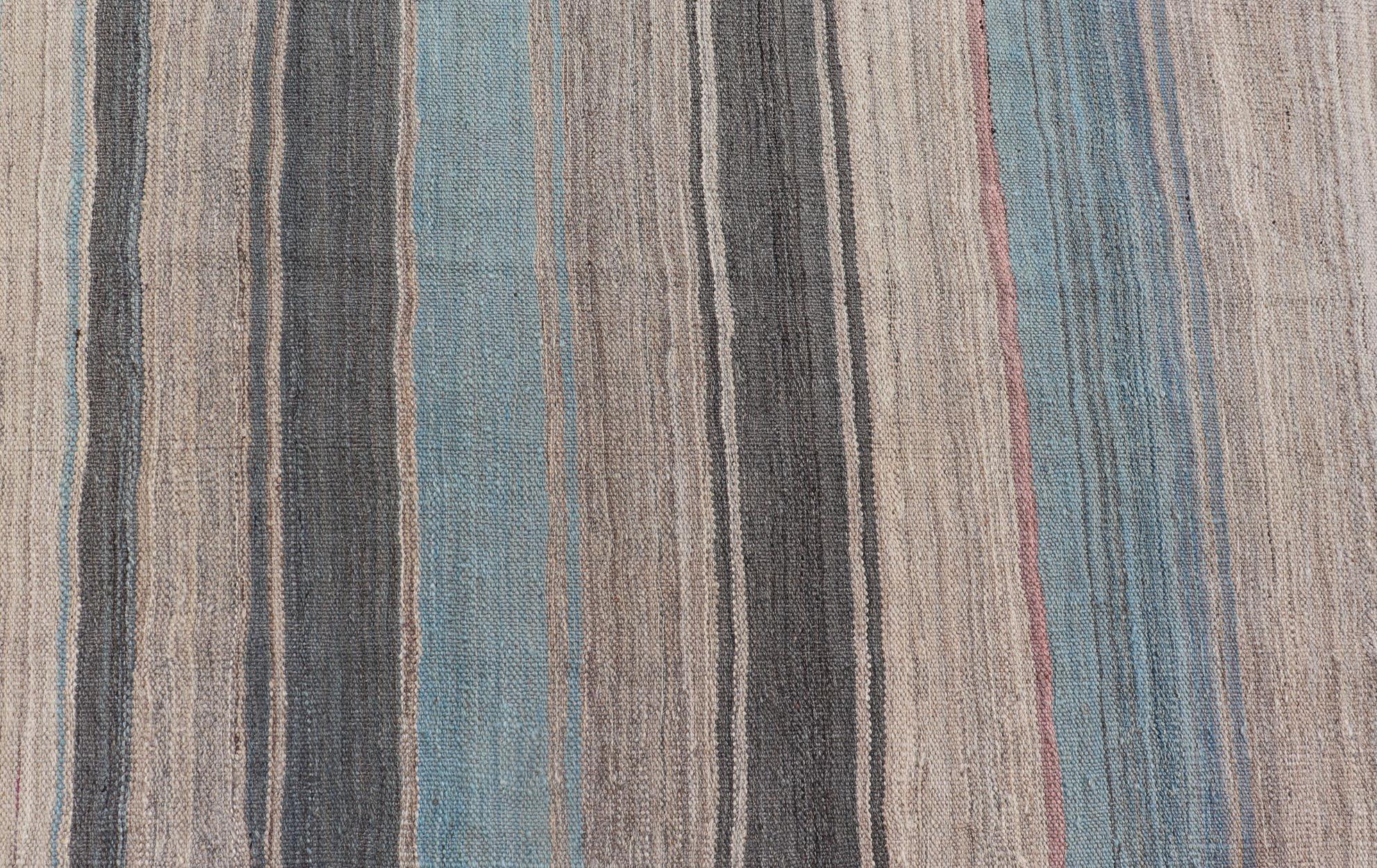 Modern Kilim Rug with Large Stripes in Shades of Blue, Taupe, Gray For Sale 5