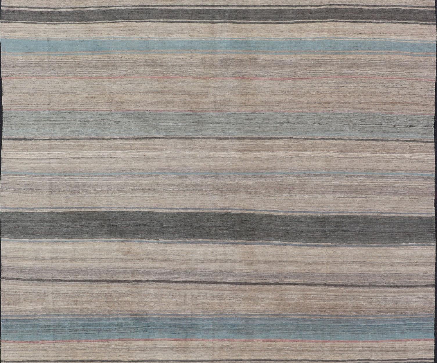 Afghan Modern Kilim Rug with Large Stripes in Shades of Blue, Taupe, Gray For Sale