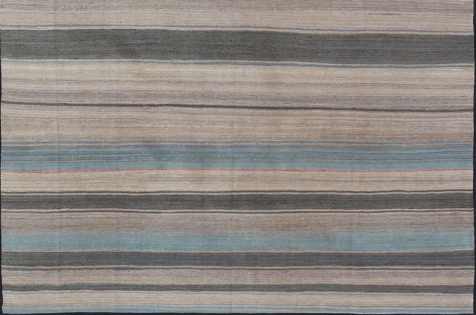 Hand-Woven Modern Kilim Rug with Large Stripes in Shades of Blue, Taupe, Gray For Sale
