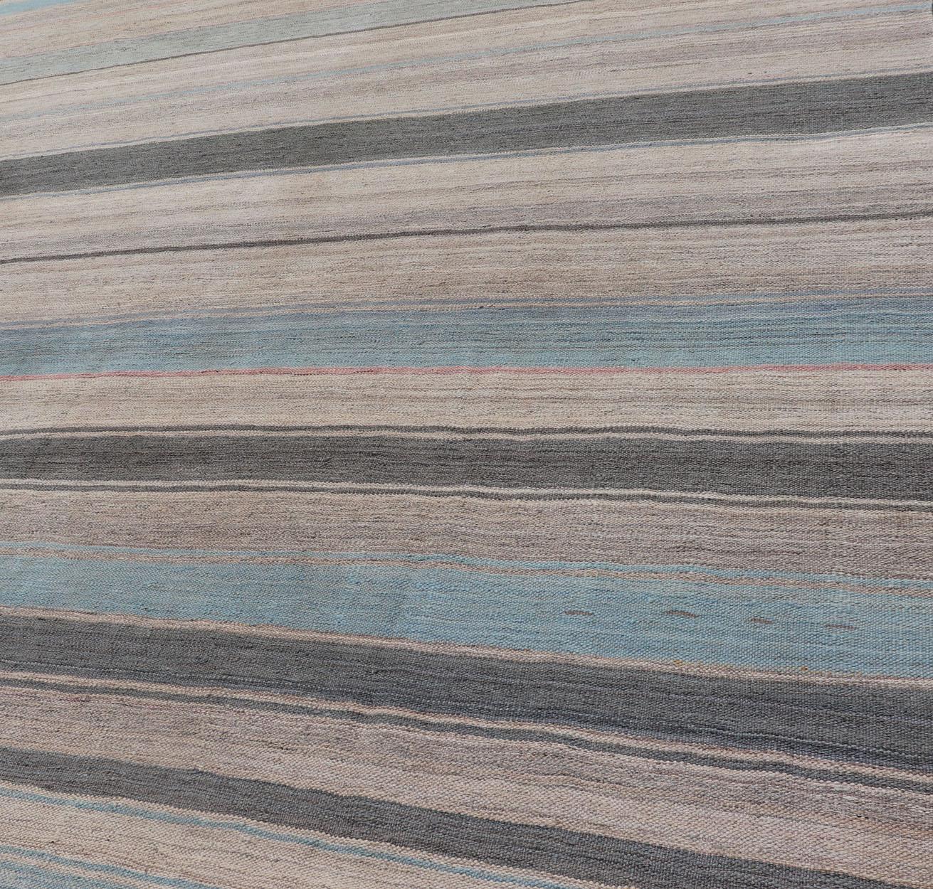 Modern Kilim Rug with Large Stripes in Shades of Blue, Taupe, Gray In Excellent Condition For Sale In Atlanta, GA
