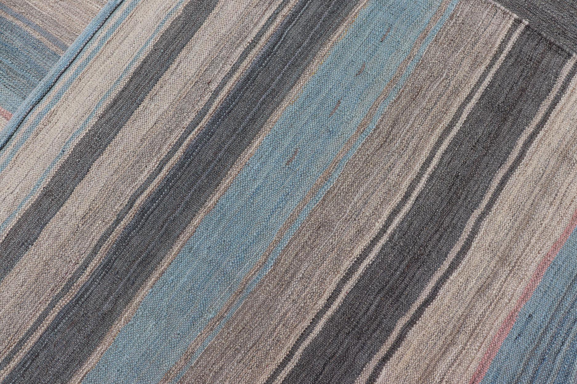 Contemporary Modern Kilim Rug with Large Stripes in Shades of Blue, Taupe, Gray For Sale
