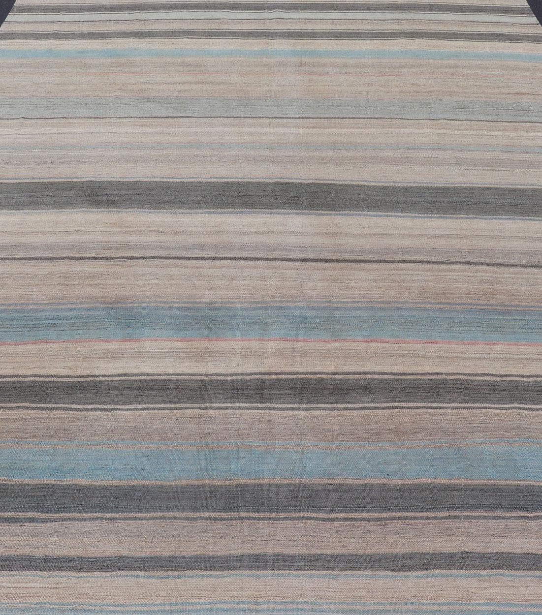 Modern Kilim Rug with Large Stripes in Shades of Blue, Taupe, Gray For Sale 1