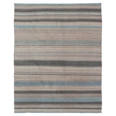 Modern Kilim Rug with Large Stripes in Shades of Blue, Taupe, Gray