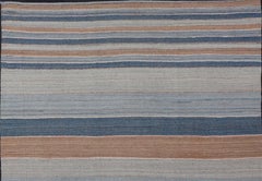 Modern Kilim Rug with Large Stripes in Shades of Blues, Brown, Gray