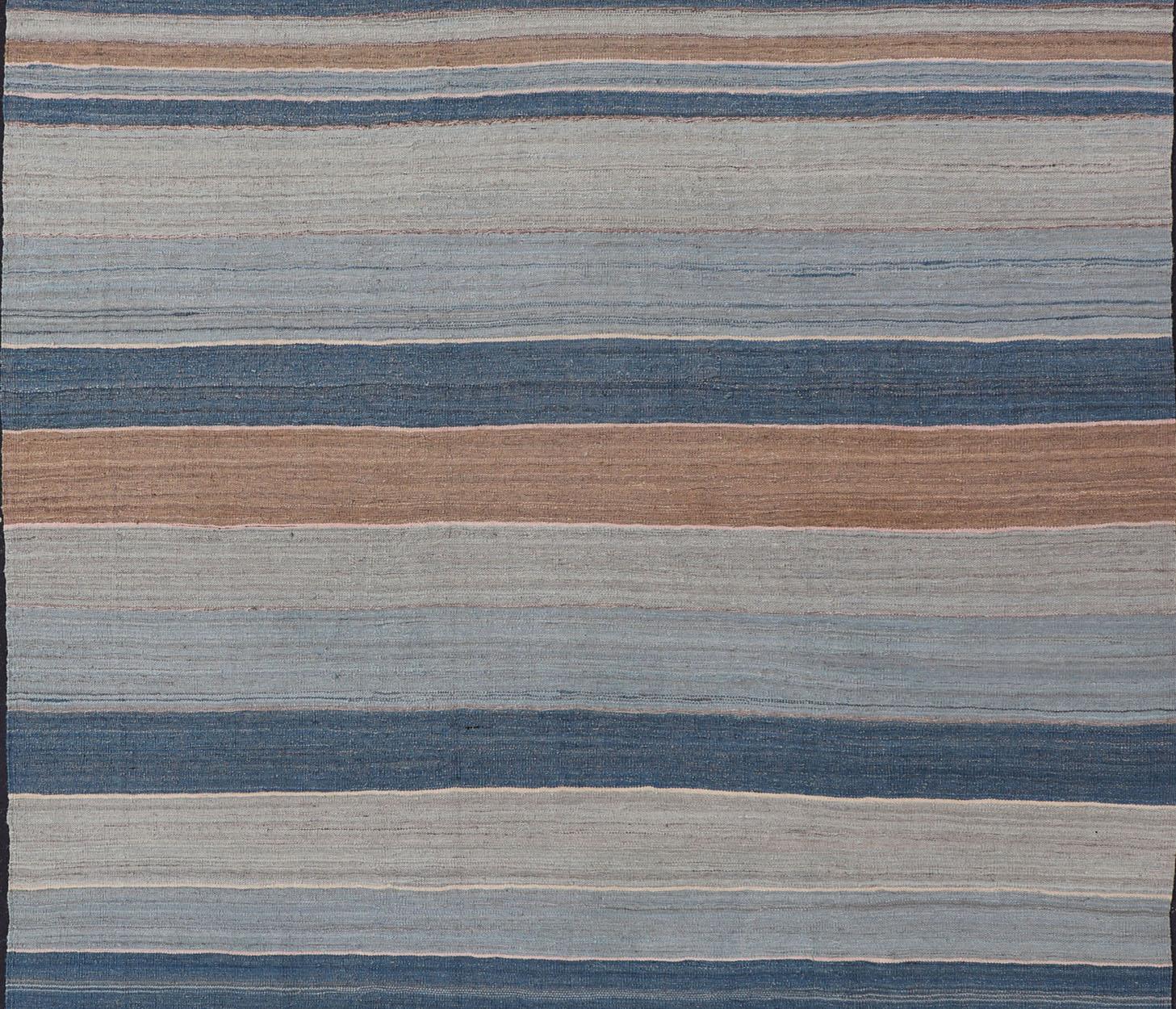 Afghan Modern Kilim Rug with Large Stripes in Shades of Blues, Brown, Gray For Sale