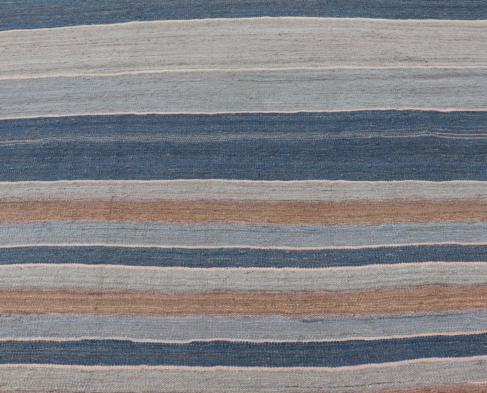 Modern Kilim Rug with Large Stripes in Shades of Blues, Brown, Gray In Excellent Condition For Sale In Atlanta, GA