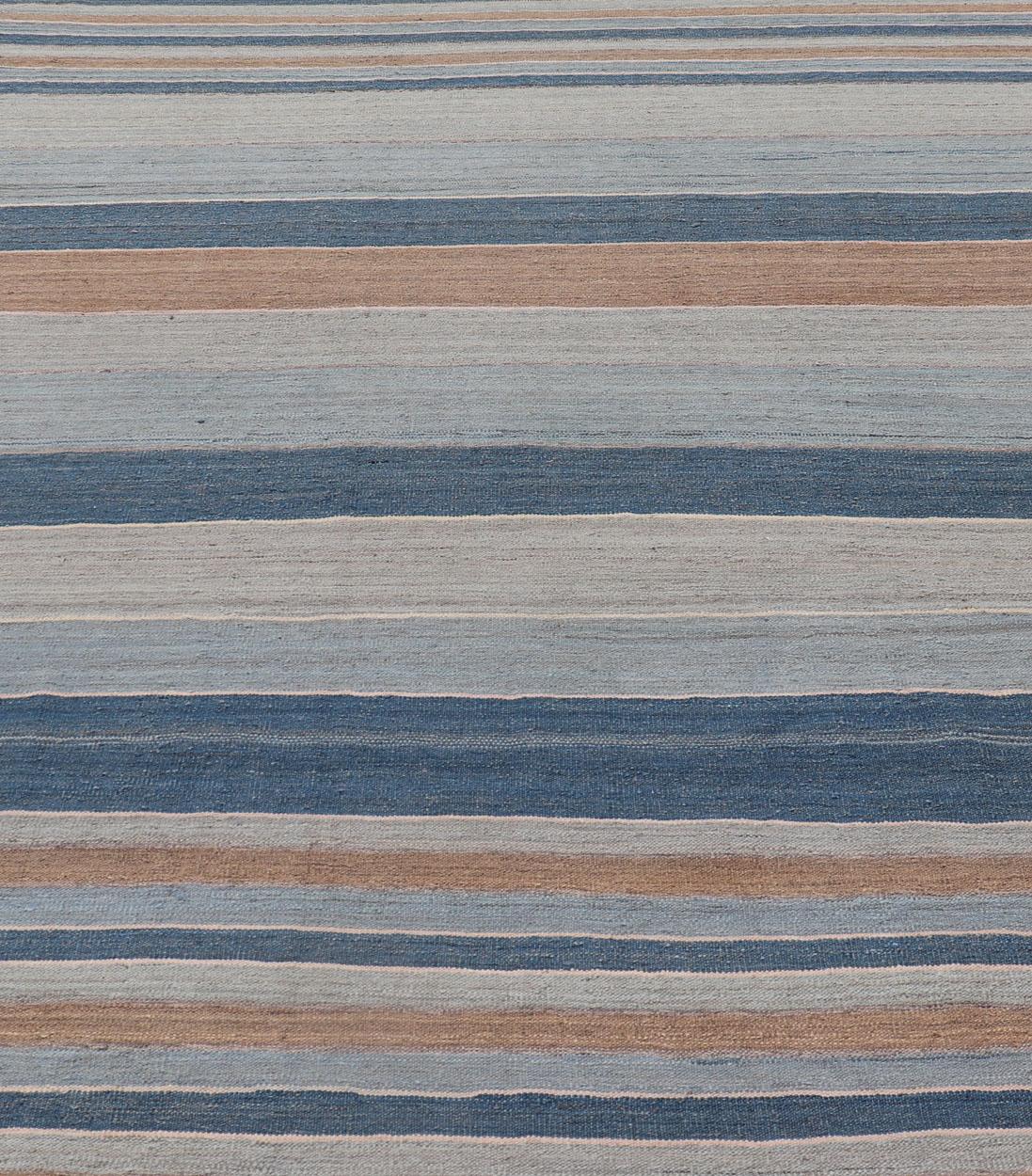 Contemporary Modern Kilim Rug with Large Stripes in Shades of Blues, Brown, Gray For Sale