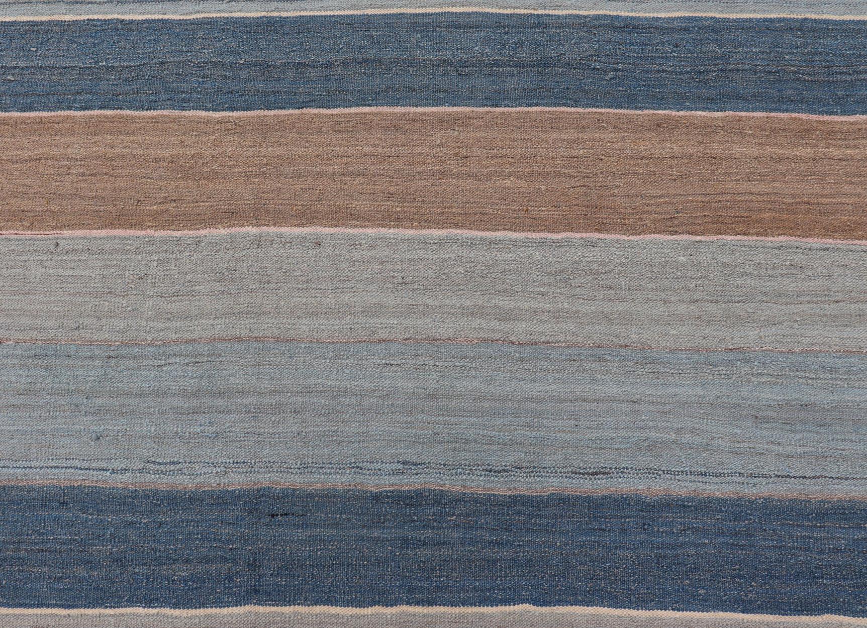 Modern Kilim Rug with Large Stripes in Shades of Blues, Brown, Gray For Sale 1