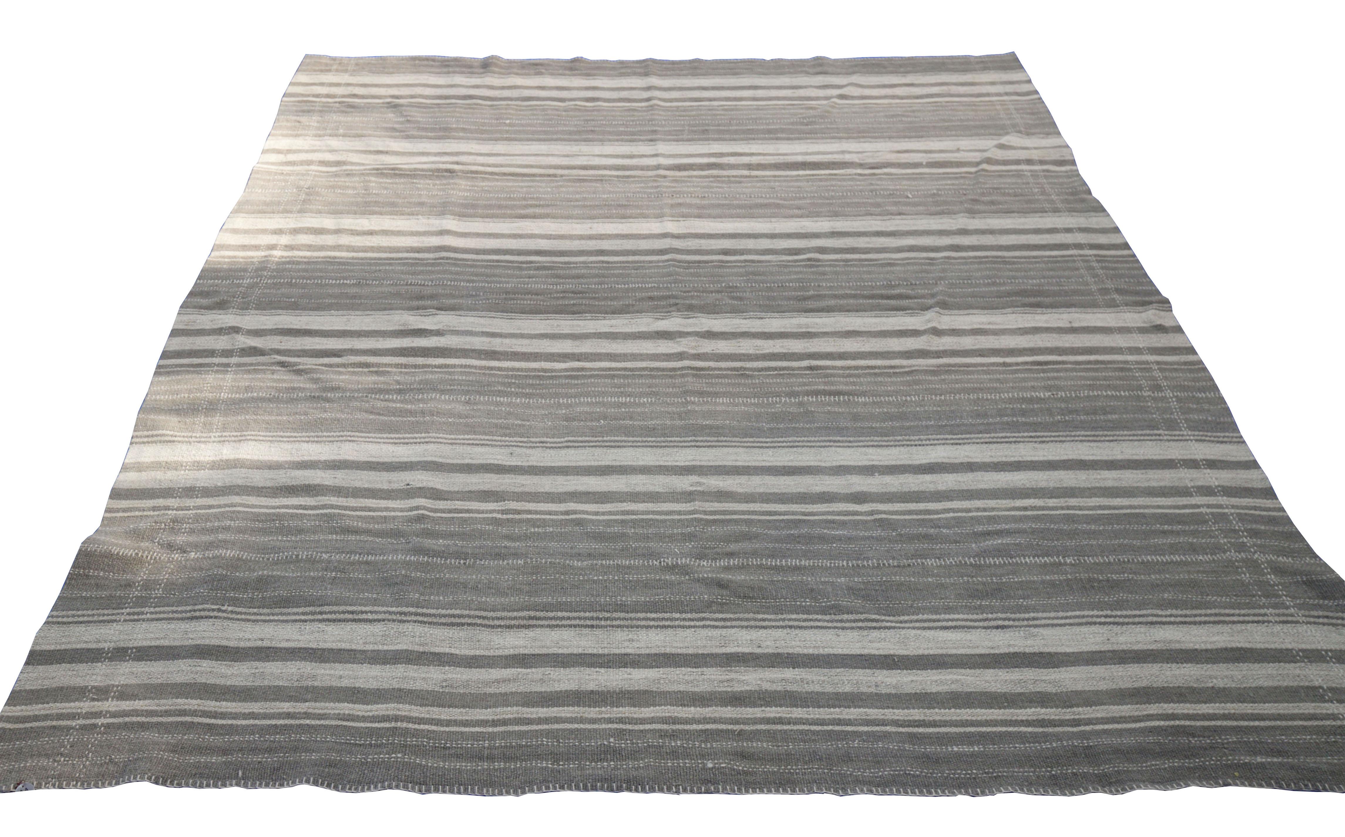 Oushak Modern Kilim Rug with Mixed Ivory and Gray Striped Field For Sale