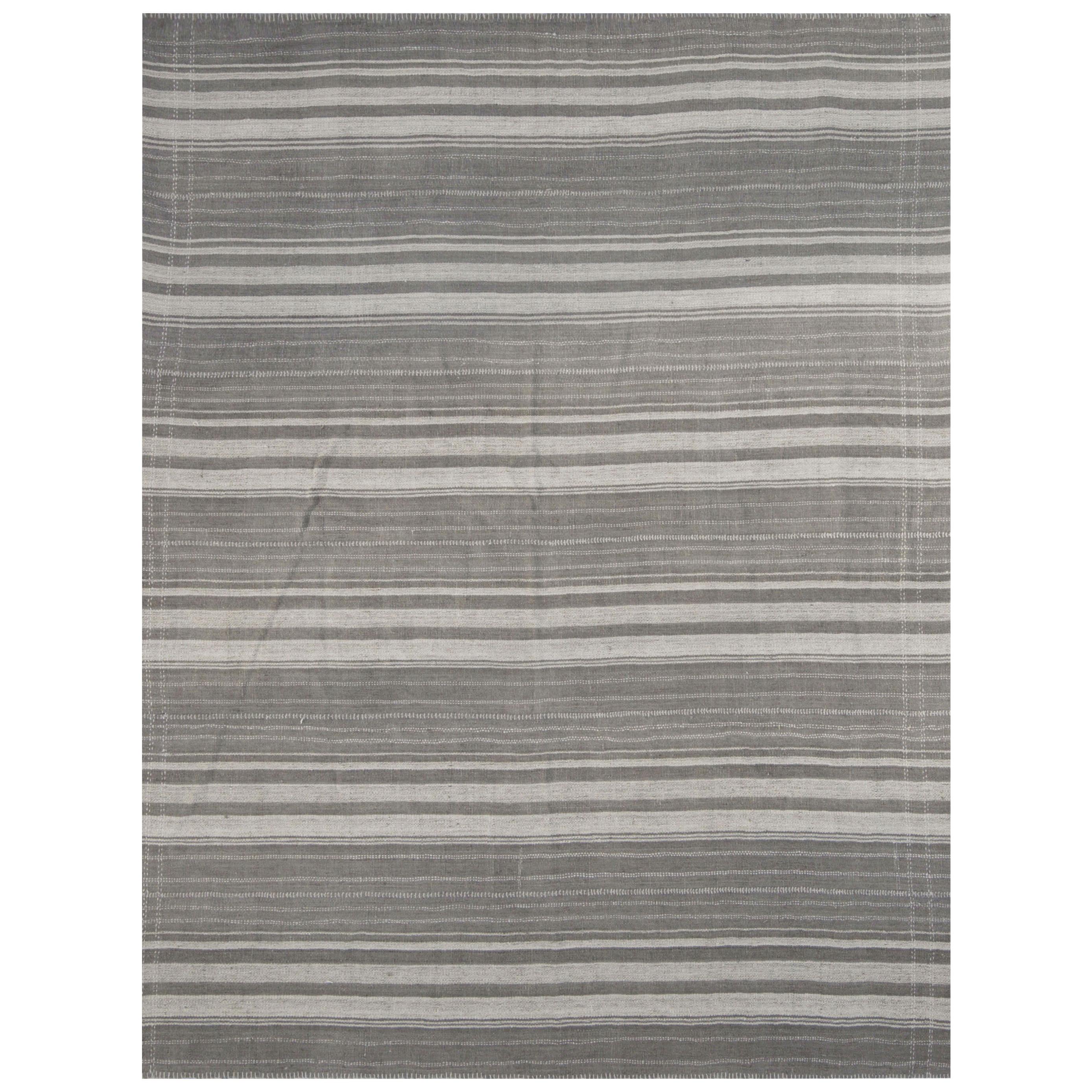 Modern Kilim Rug with Mixed Ivory and Gray Striped Field For Sale