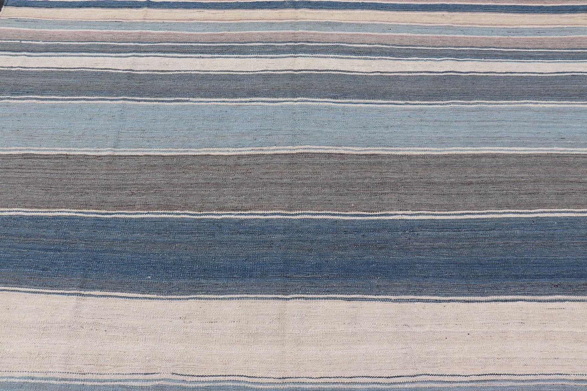 Modern Kilim Rug in Shades of steel Blue, Teal, Brown, Light Gray and Cream For Sale 1