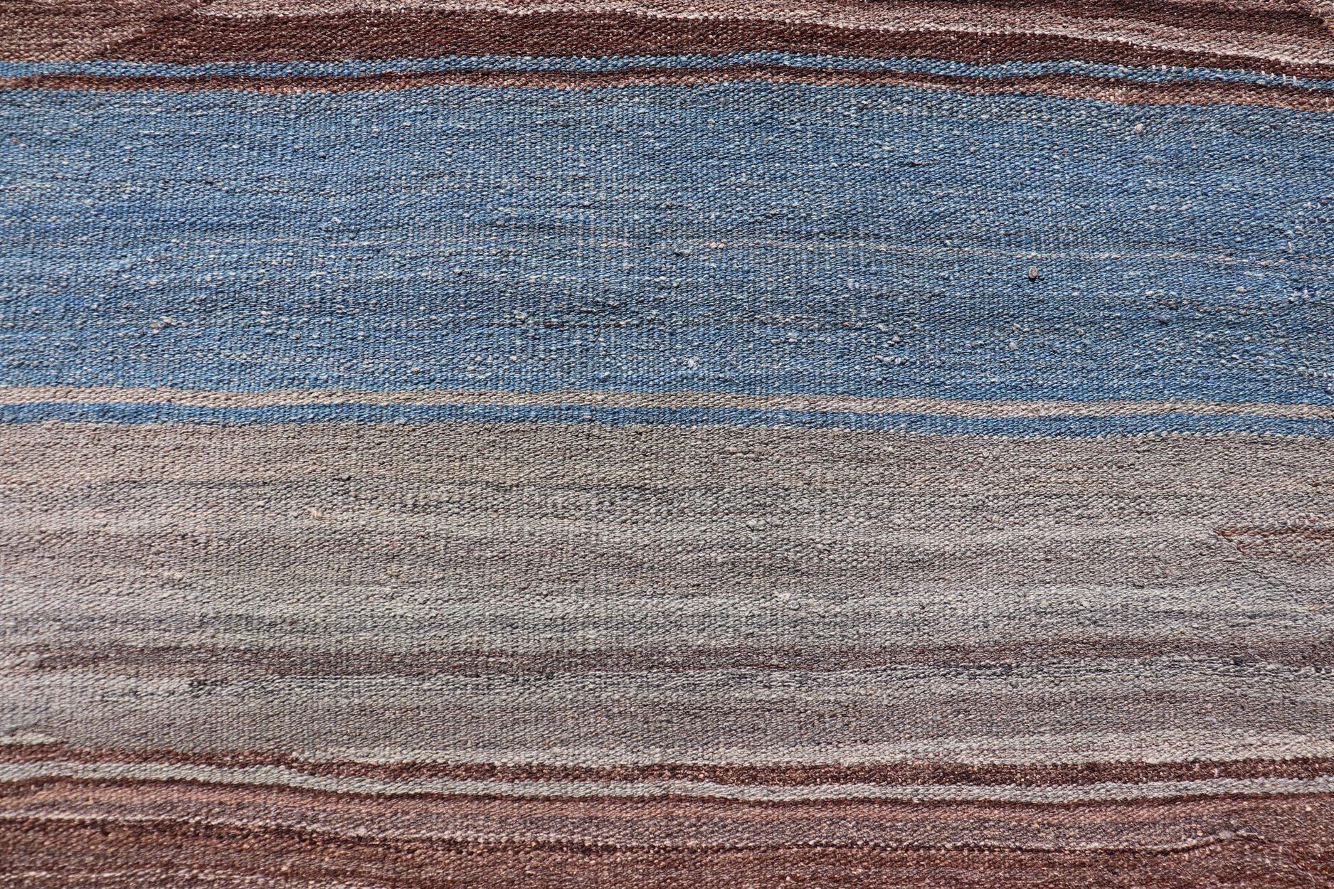 Modern Kilim Rug with Stripes in Shades of Blue, Brown, Light Gray and Cream For Sale 1