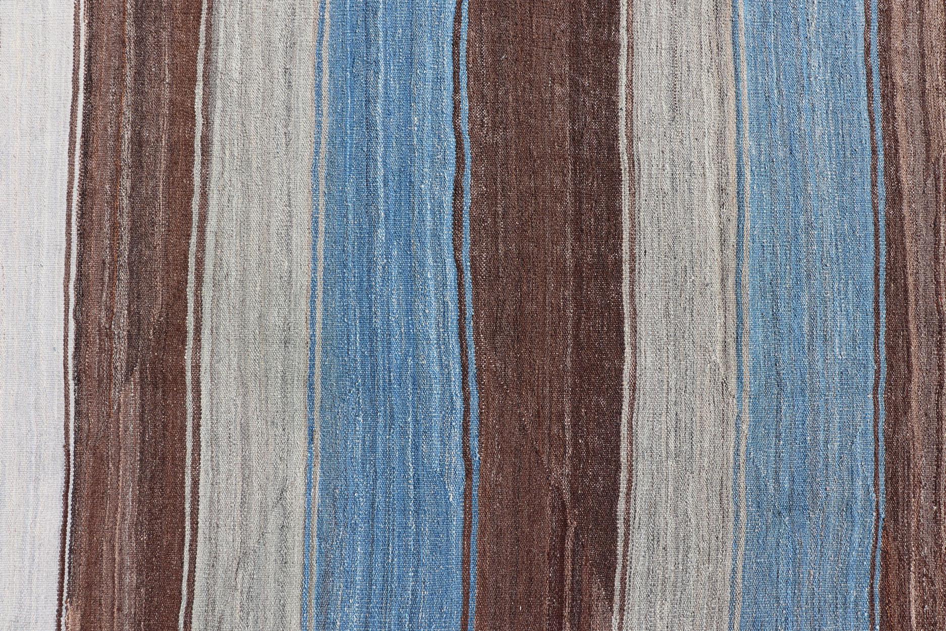 Modern Kilim Rug with Stripes in Shades of Blue, Brown, Light Gray and Cream For Sale 2