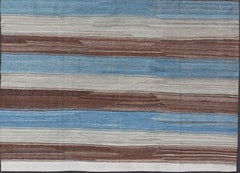 Kilim with Horizontal Stripes in Blue, Brown by Keivan Woven Arts 8'4 x 11'10