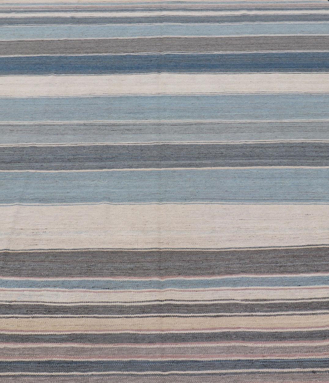 Hand-Woven Modern Kilim Rug in Shades of steel Blue, Teal, Brown, Light Gray and Cream For Sale