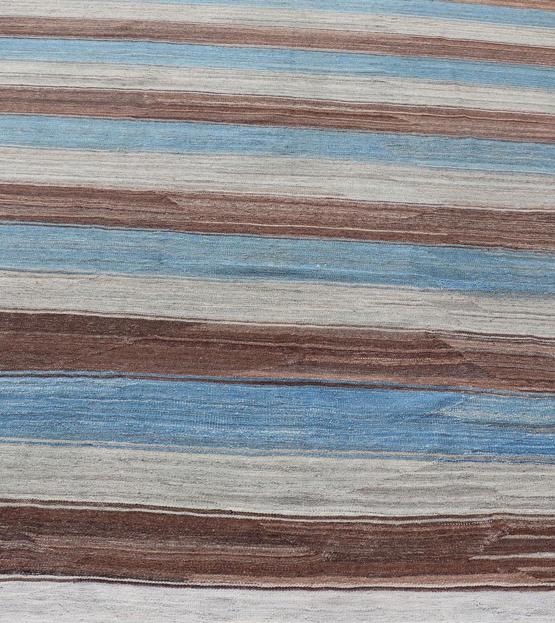 Hand-Knotted Modern Kilim Rug with Stripes in Shades of Blue, Brown, Light Gray and Cream For Sale