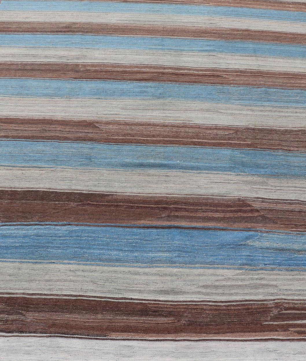 Modern Kilim Rug with Stripes in Shades of Blue, Brown, Light Gray and Cream In New Condition For Sale In Atlanta, GA