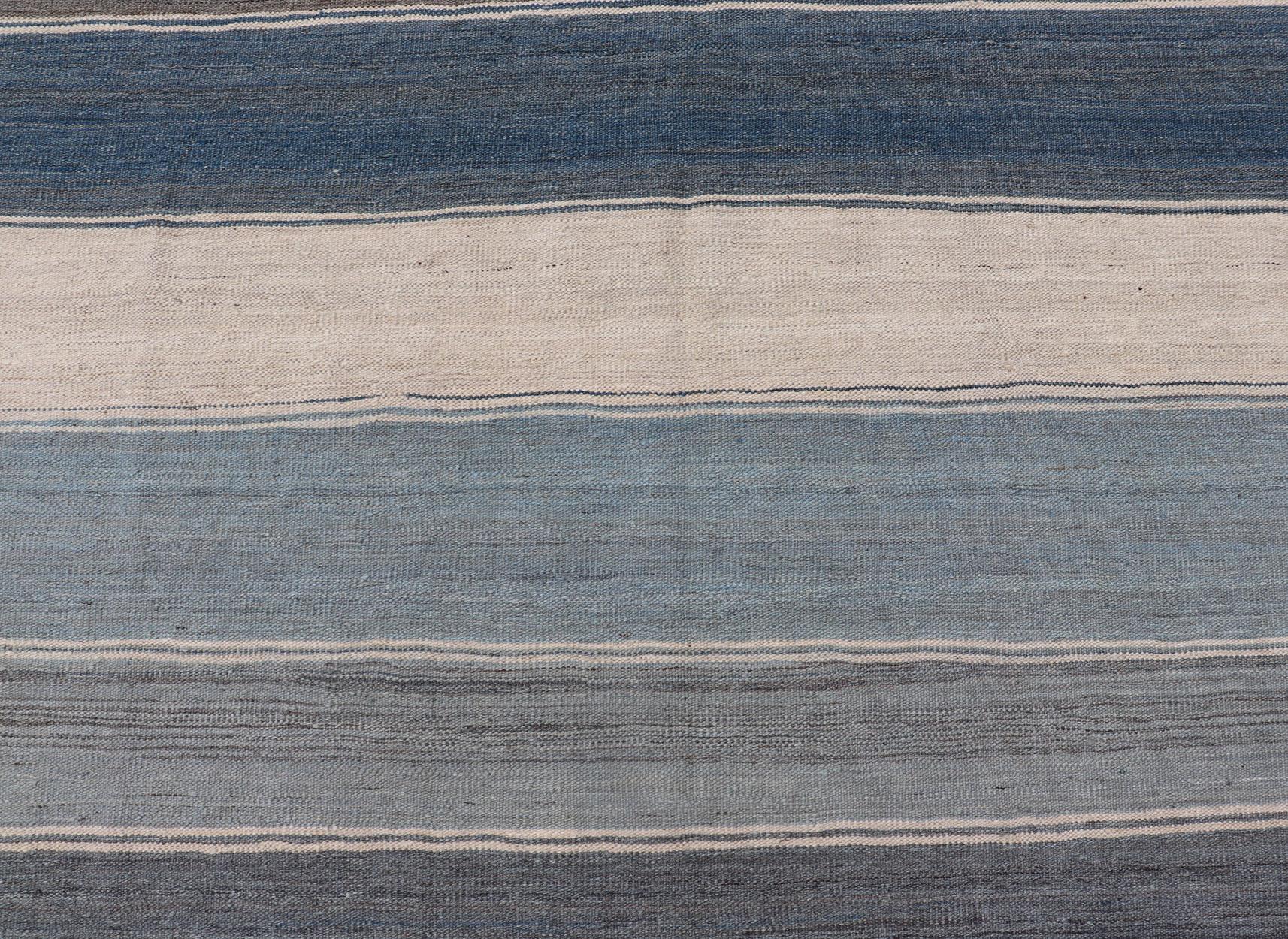 Contemporary Modern Kilim Rug in Shades of steel Blue, Teal, Brown, Light Gray and Cream For Sale