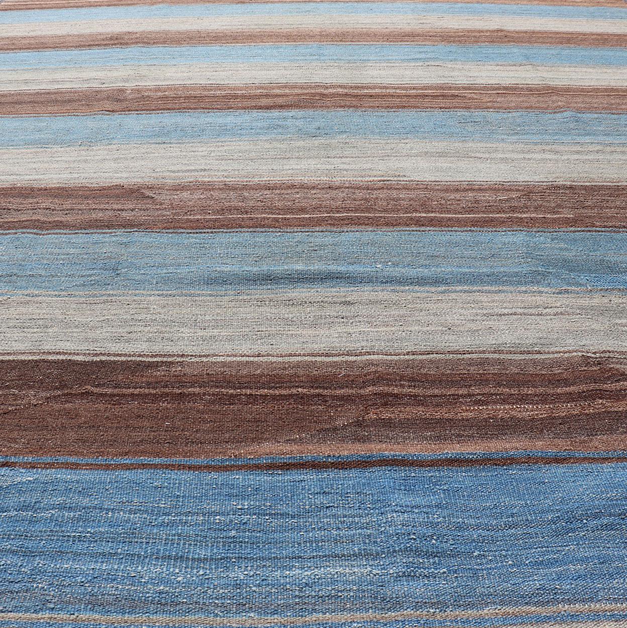 Contemporary Modern Kilim Rug with Stripes in Shades of Blue, Brown, Light Gray and Cream For Sale