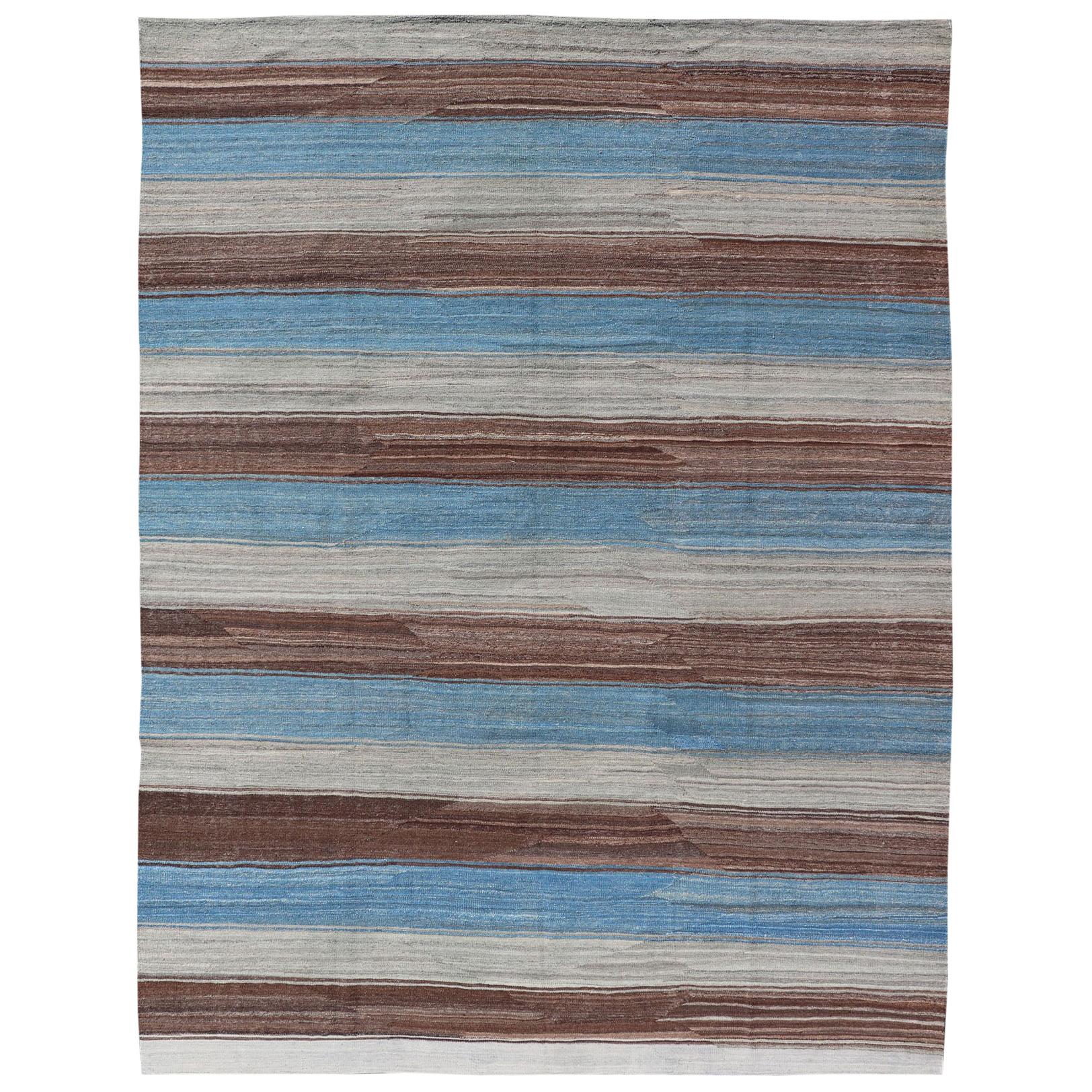 Modern Kilim Rug with Stripes in Shades of Blue, Brown, Light Gray and Cream