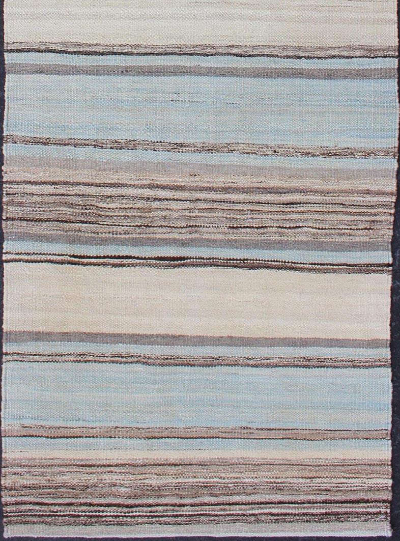 Afghan Modern Kilim Rug with Stripes in Shades of Blue, Taupe, Brown, and Cream Runner For Sale