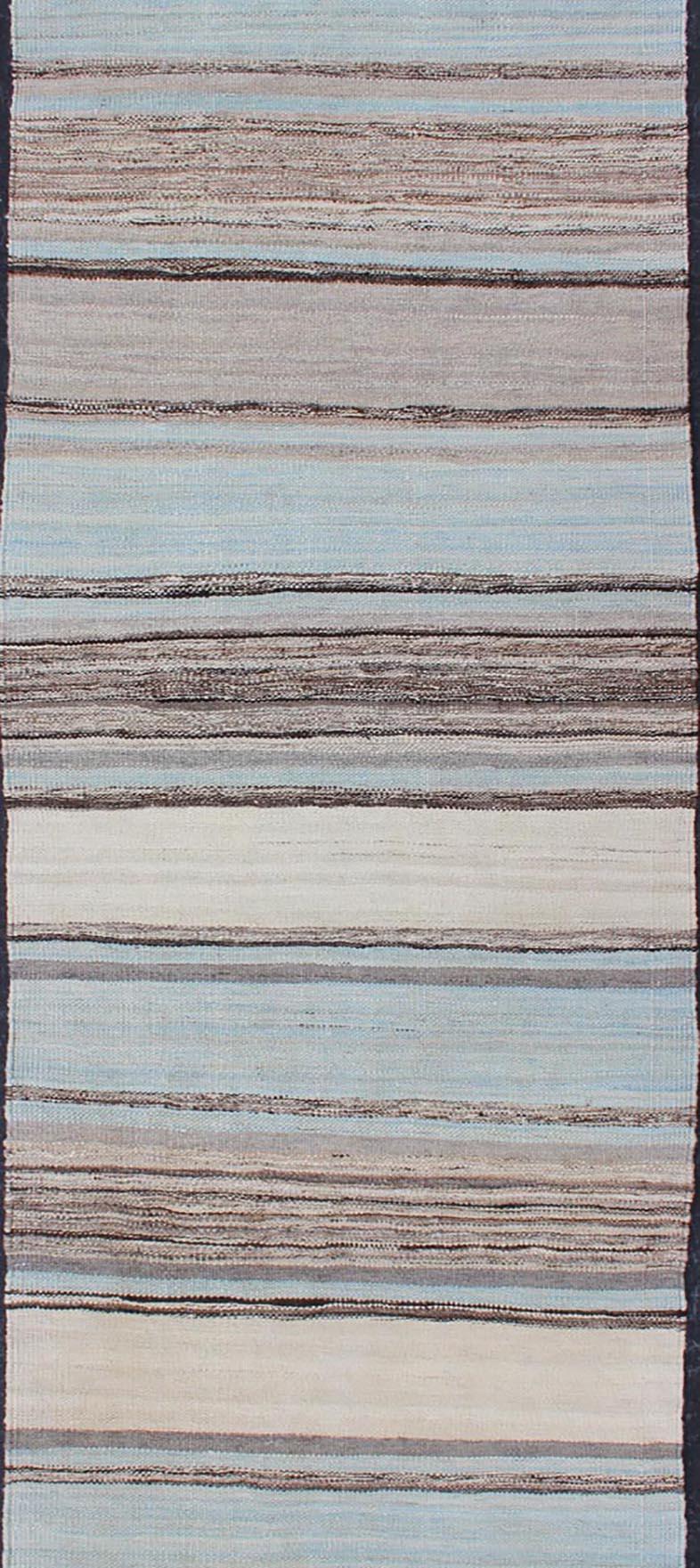 Hand-Woven Modern Kilim Rug with Stripes in Shades of Blue, Taupe, Brown, and Cream Runner For Sale