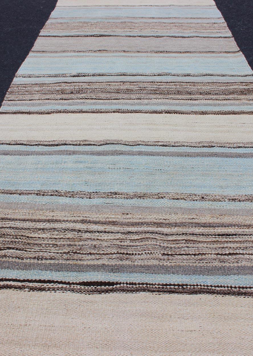 Modern Kilim Rug with Stripes in Shades of Blue, Taupe, Brown, and Cream Runner In Excellent Condition For Sale In Atlanta, GA