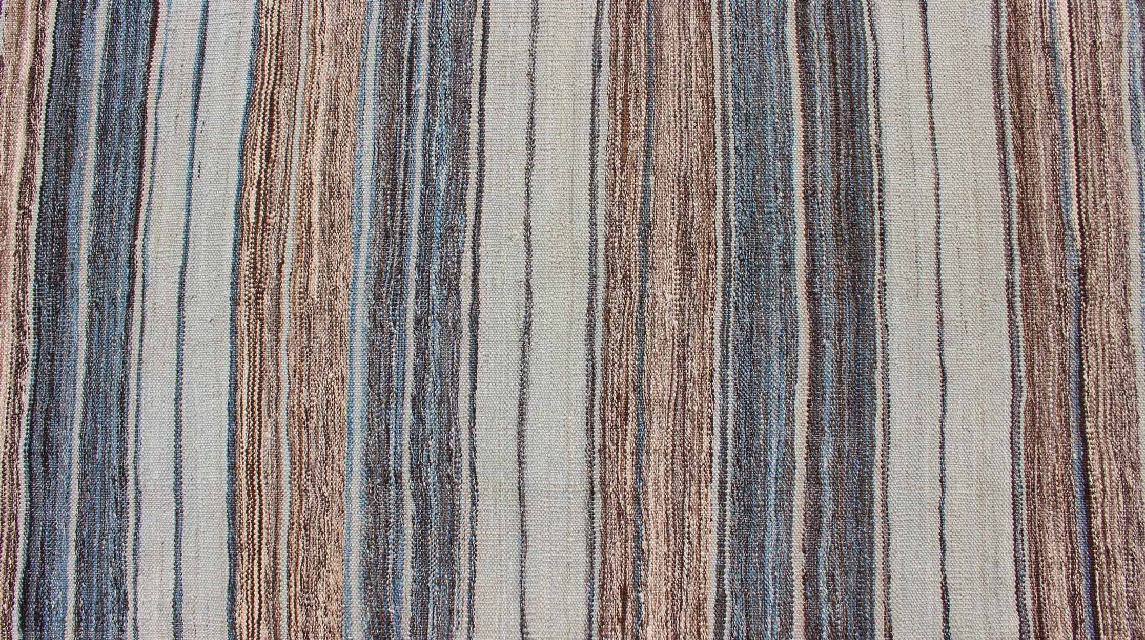 Modern Kilim Rug with Stripes in Shades of Blue, Taupe, Brown, and Cream Runner In New Condition For Sale In Atlanta, GA