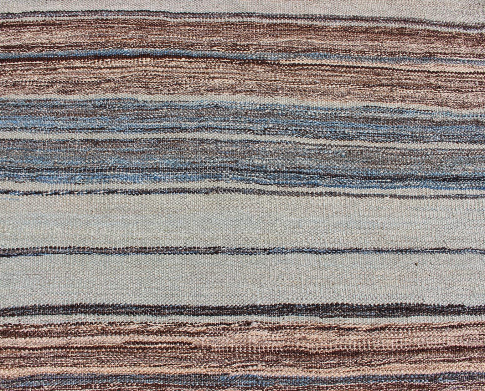 Contemporary Modern Kilim Rug with Stripes in Shades of Blue, Taupe, Brown, and Cream Runner For Sale