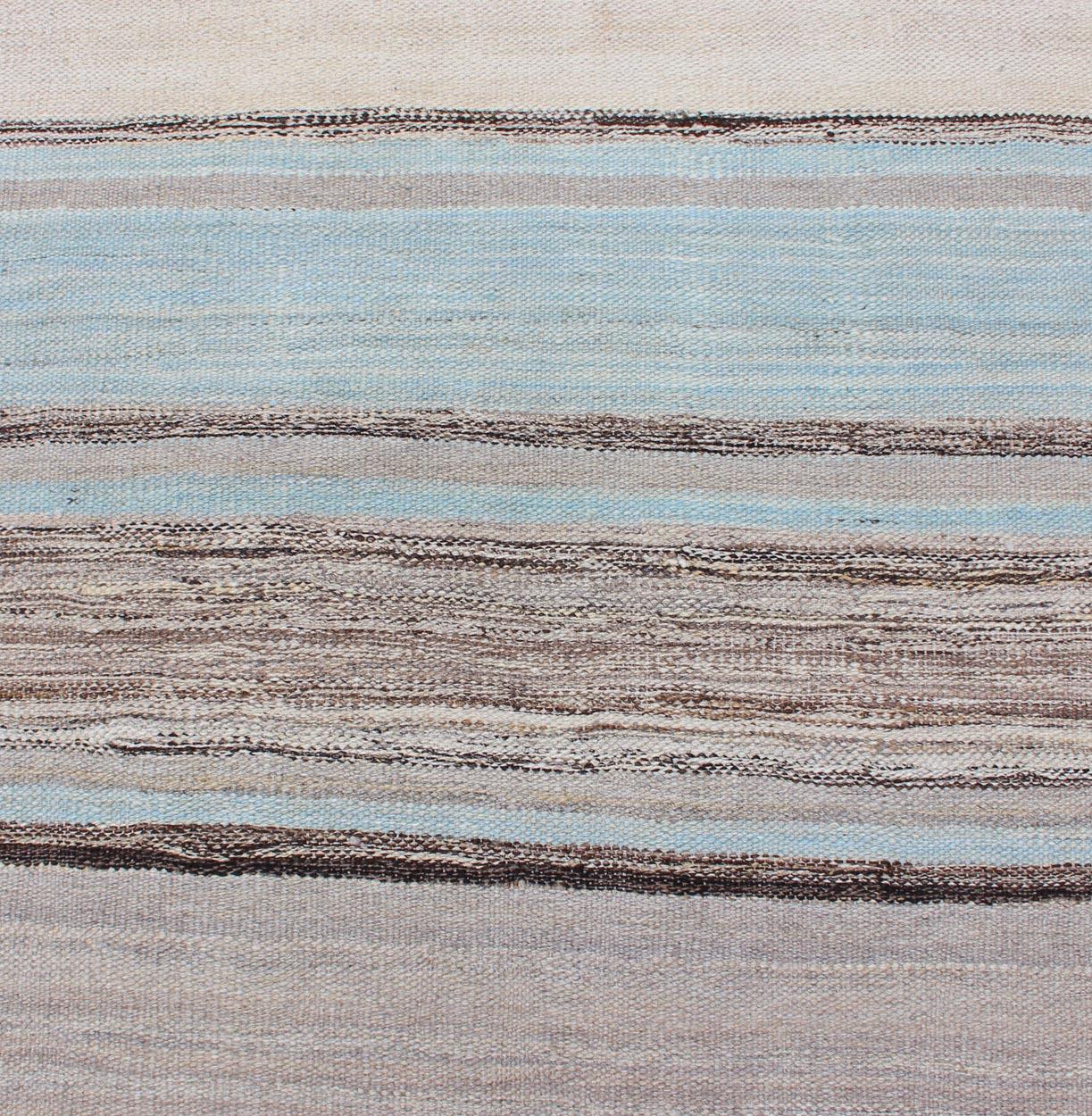 Wool Modern Kilim Rug with Stripes in Shades of Blue, Taupe, Brown, and Cream Runner For Sale