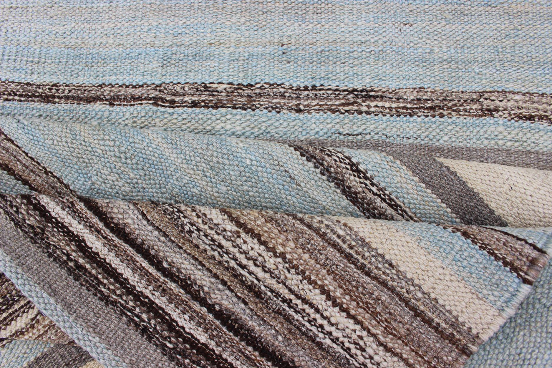 Modern Kilim Rug with Stripes in Shades of Blue, Taupe, Brown, and Cream Runner For Sale 1