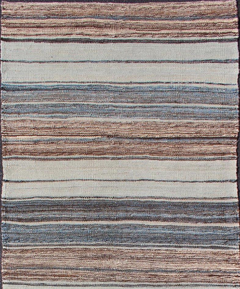 Modern Kilim Rug with Stripes in Shades of Blue, Taupe, Brown, and Cream Runner For Sale 1