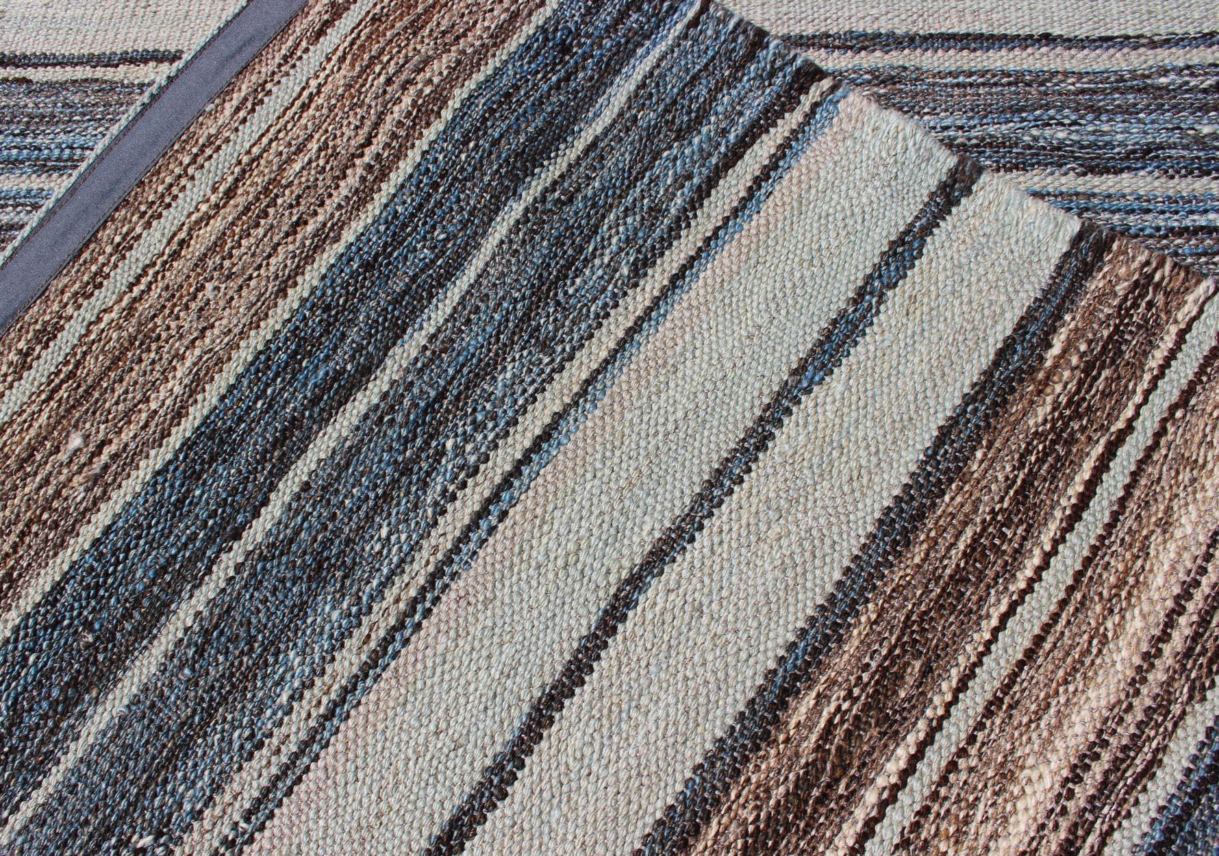 Modern Kilim Rug with Stripes in Shades of Blue, Taupe, Brown, and Cream Runner For Sale 2
