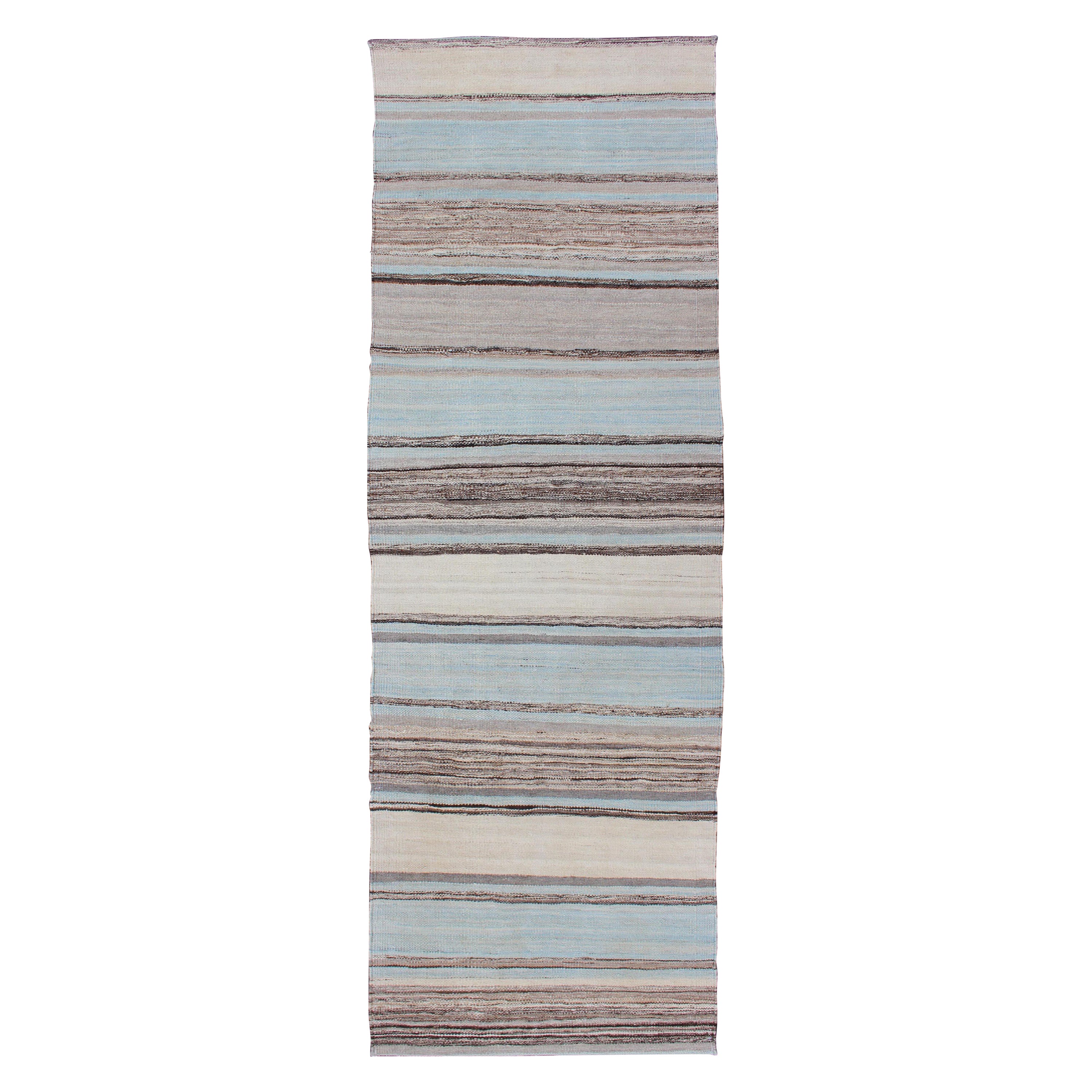 Alfombra moderna Kilim con rayas en tonos azul, topo, marrón y crema Alfombra de calle