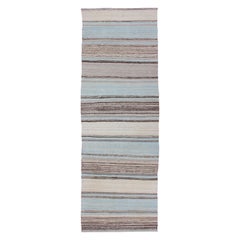 Alfombra moderna Kilim con rayas en tonos azul, topo, marrón y crema Alfombra de calle