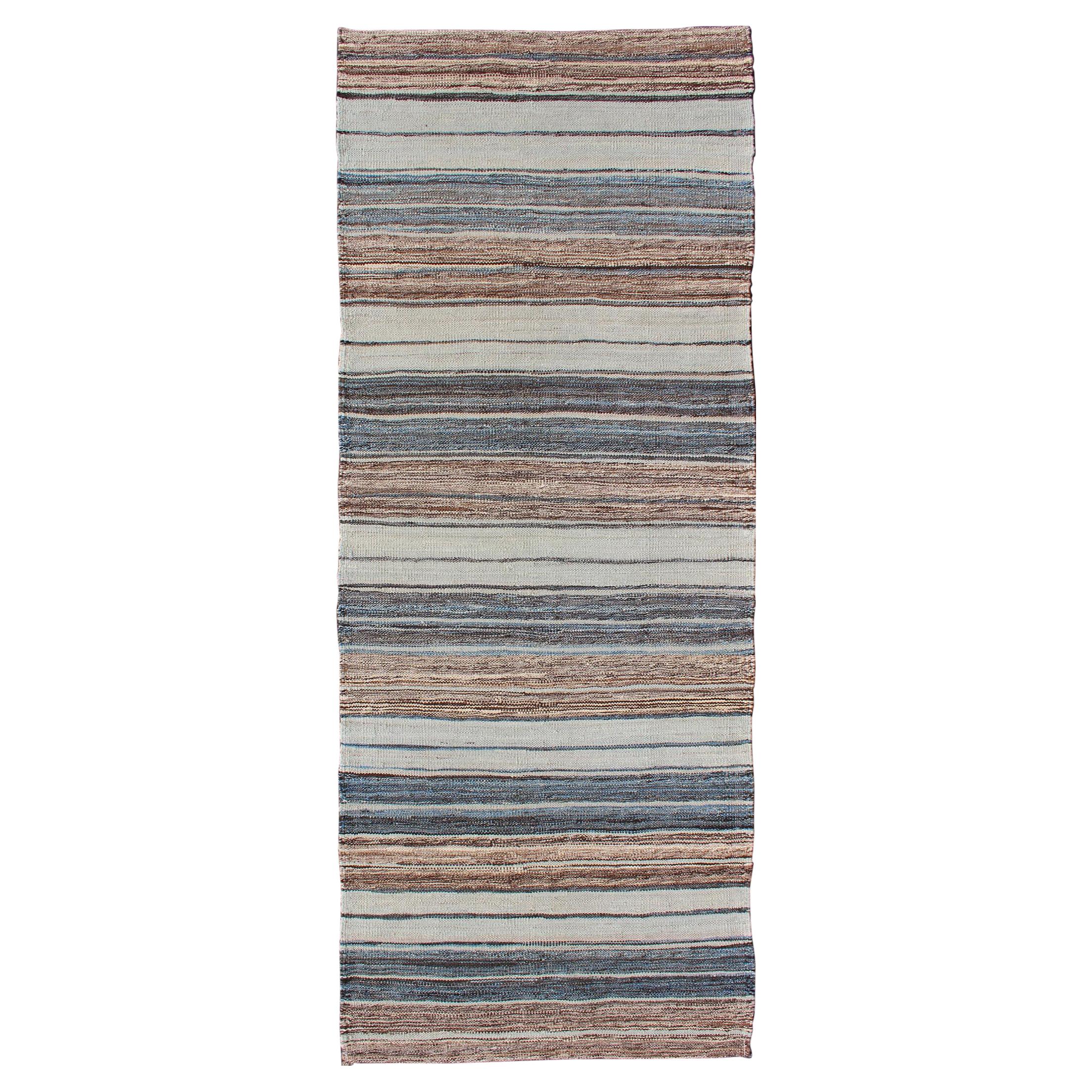 Modern Kilim Rug with Stripes in Shades of Blue, Taupe, Brown, and Cream Runner