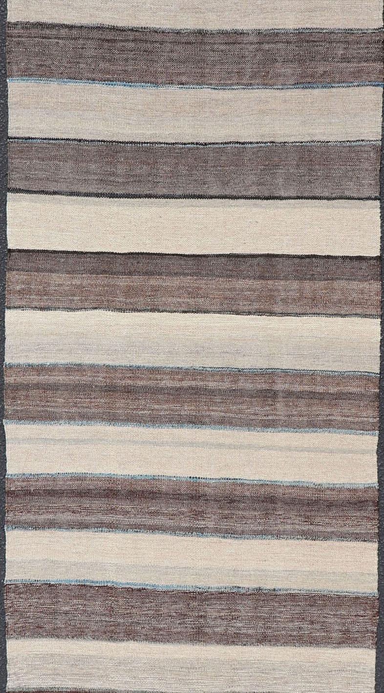 Afghan Modern Kilim Rug with Stripes in Shades of Blue, Taupe, Gray and Cream Runner