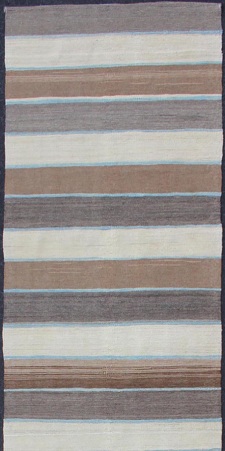Afghan Modern Kilim Rug with Stripes in Shades of Blue, Taupe, Gray and Cream Runner For Sale