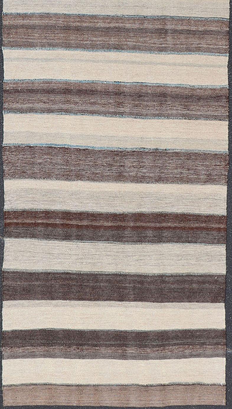 Hand-Woven Modern Kilim Rug with Stripes in Shades of Blue, Taupe, Gray and Cream Runner