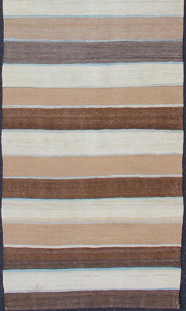 Hand-Woven Modern Kilim Rug with Stripes in Shades of Blue, Taupe, Gray and Cream Runner For Sale
