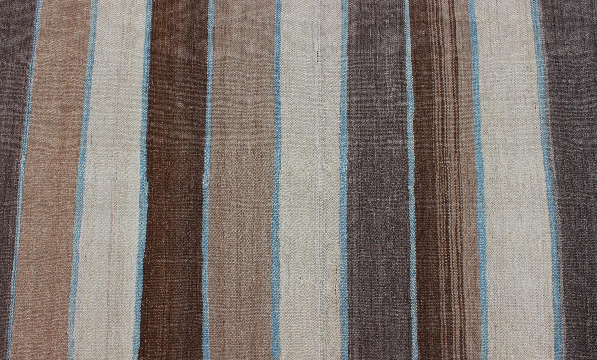 Modern Kilim Rug with Stripes in Shades of Blue, Taupe, Gray and Cream Runner In New Condition For Sale In Atlanta, GA