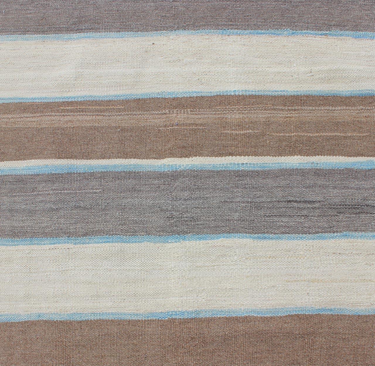 Contemporary Modern Kilim Rug with Stripes in Shades of Blue, Taupe, Gray and Cream Runner For Sale