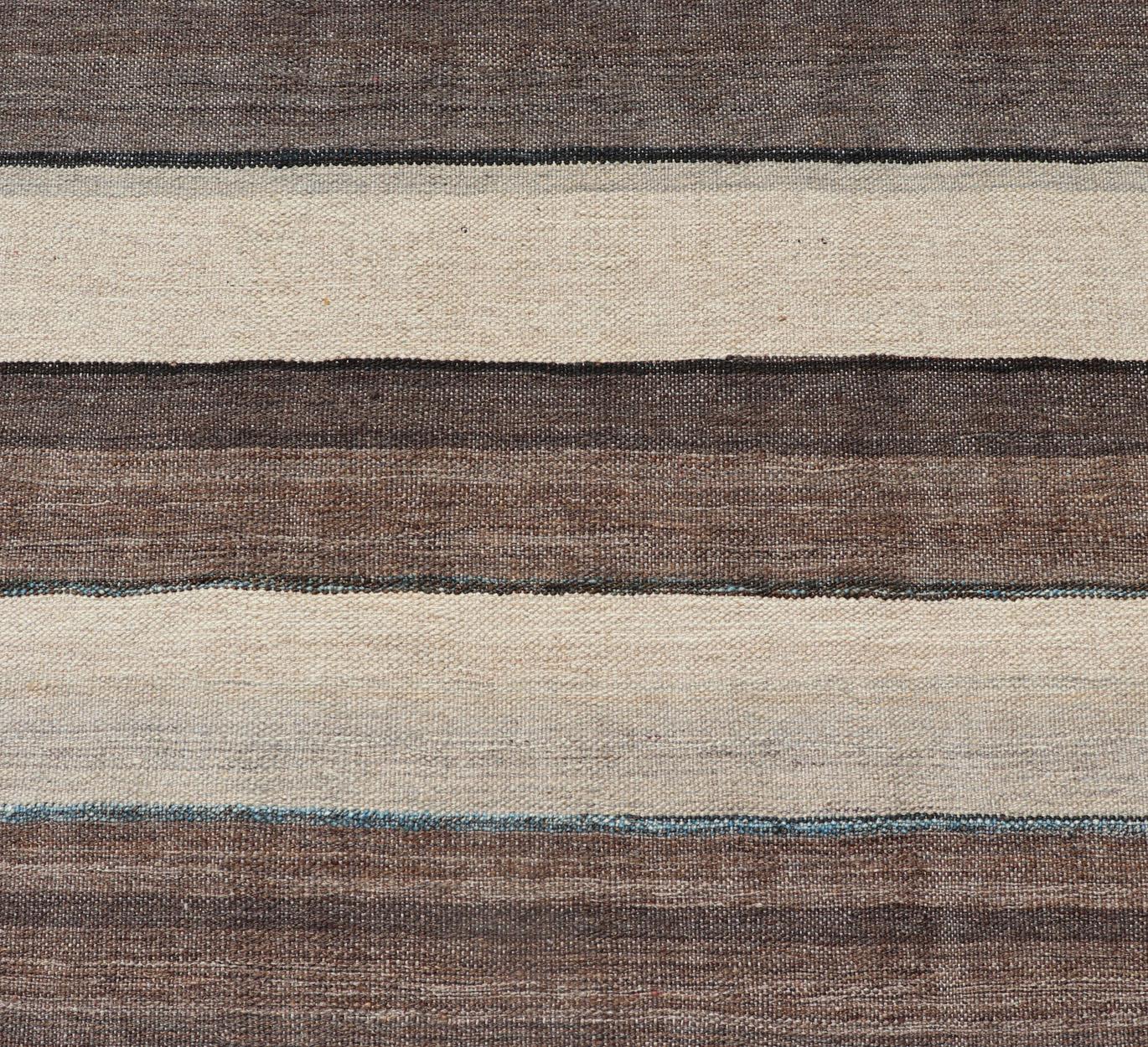 Modern Kilim Rug with Stripes in Shades of Blue, Taupe, Gray and Cream Runner 1