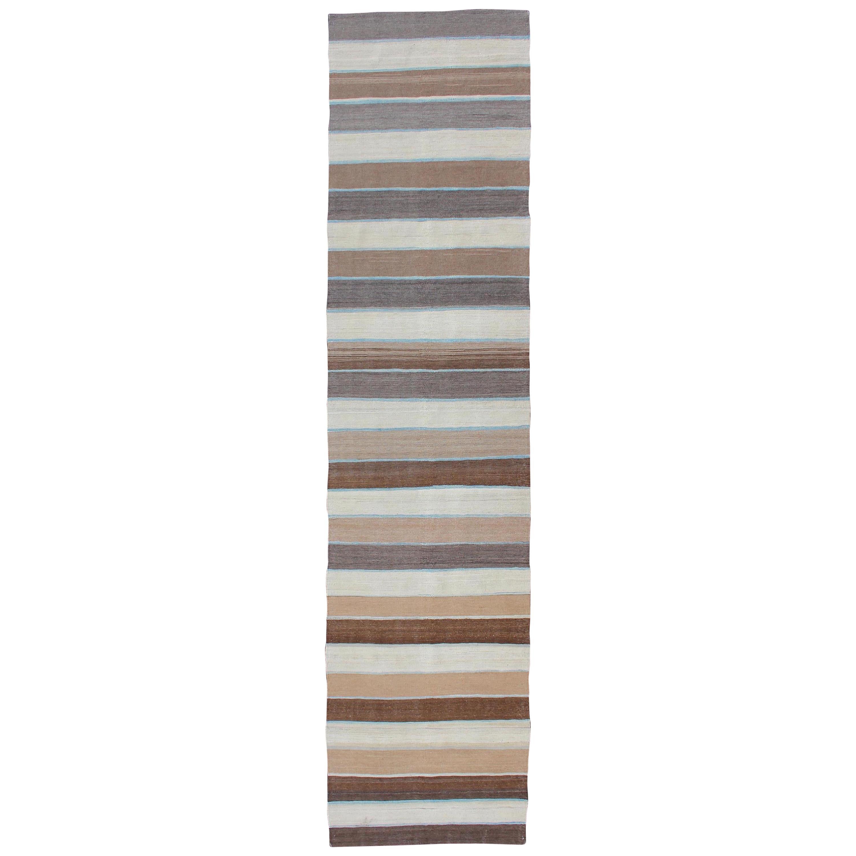 Modern Kilim Rug with Stripes in Shades of Blue, Taupe, Gray and Cream Runner For Sale