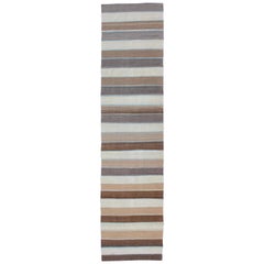 Modern Kilim Rug with Stripes in Shades of Blue, Taupe, Gray and Cream Runner