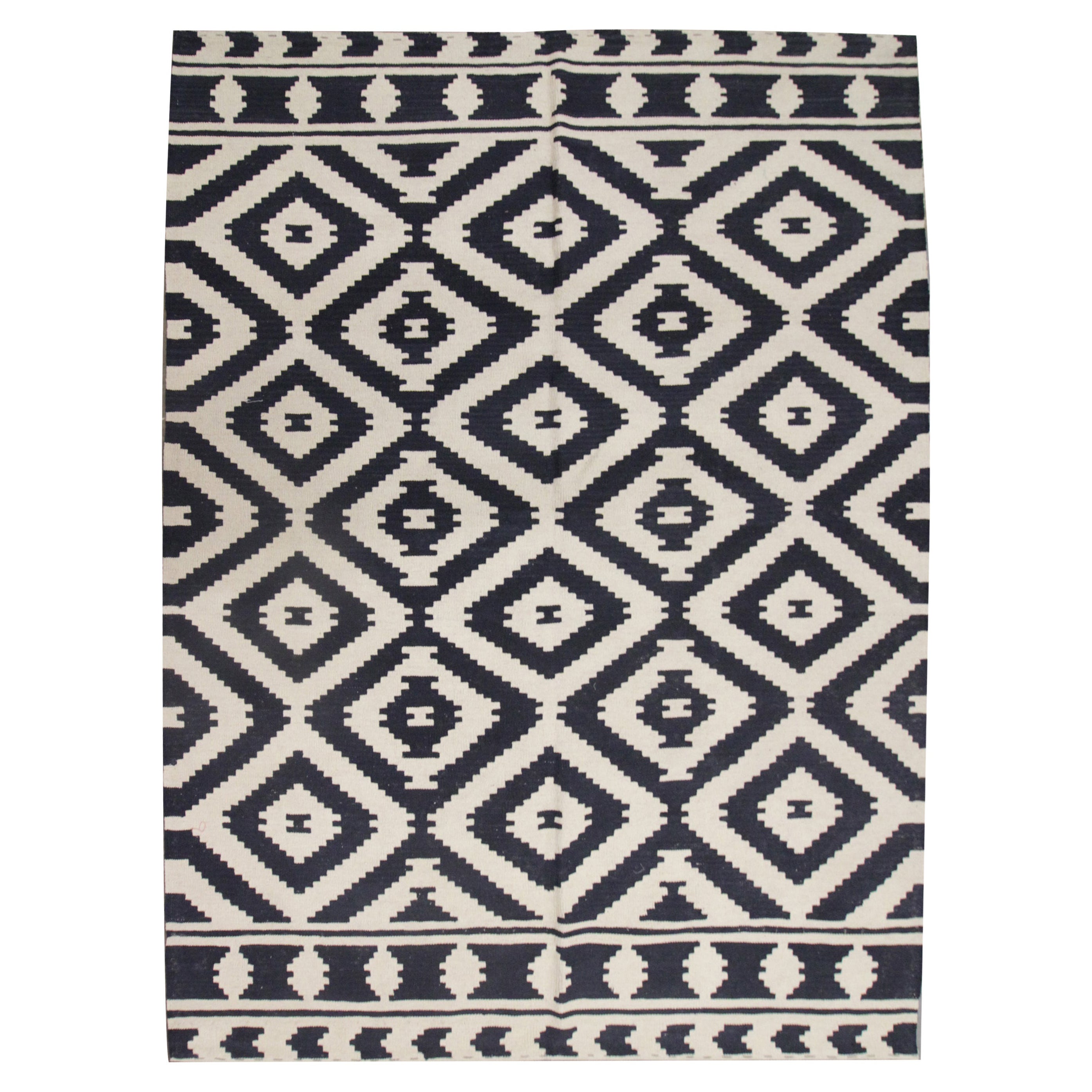 Moderner moderner abstrakter geometrischer Azteken-Kelim-Teppich aus Wolle und Wolle in Weiß und Schwarz