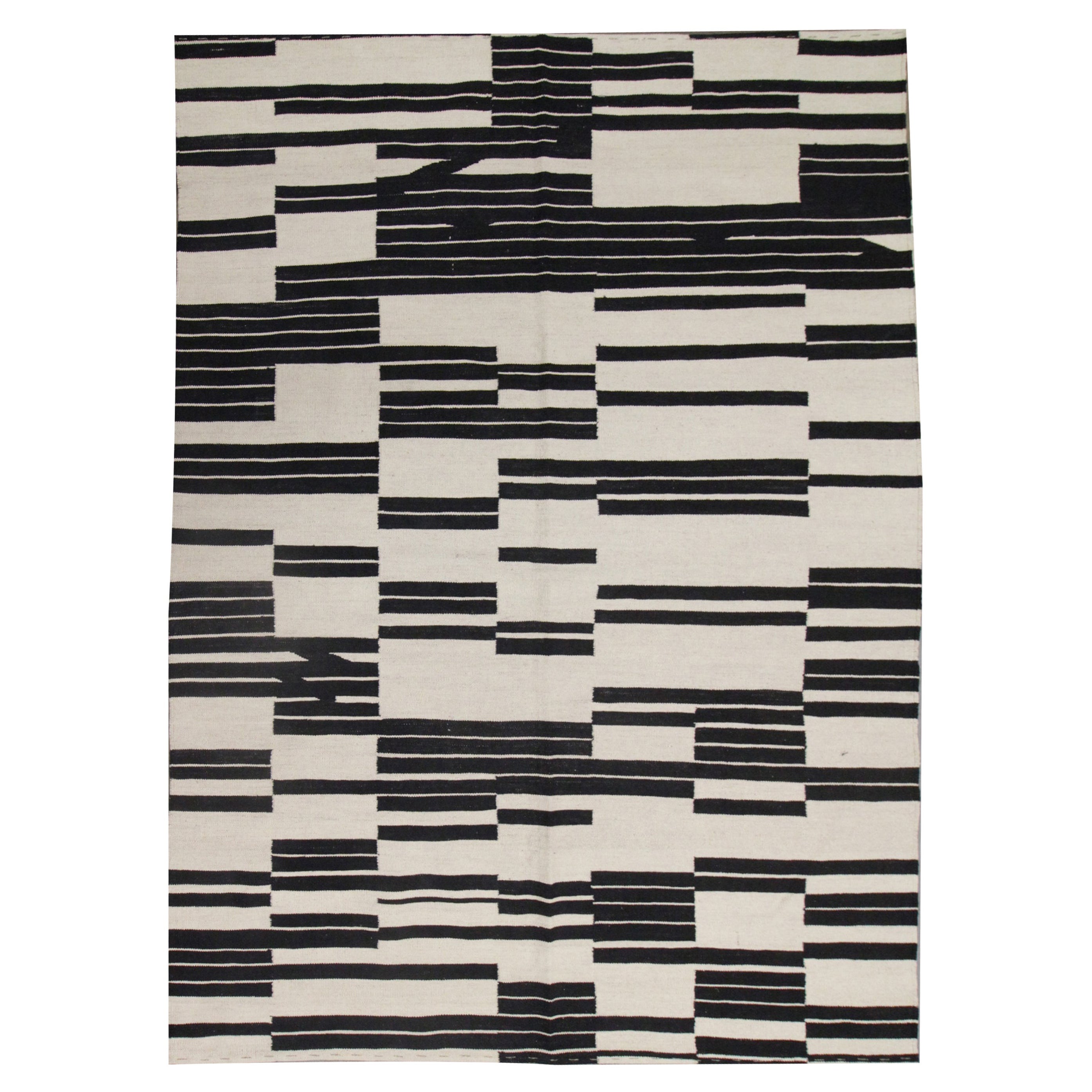 Modern Kilim Rugs, Handmade Carpet Wool Kilim Black Cream Area Rug