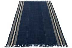 Modern Kilim Style Wool Rug – Hand-Knotted Indigo Blue & Cream Striped Flatweave