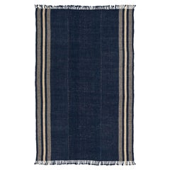 Modern Kilim Style Wool Rug – Hand-Knotted Indigo Blue & Cream Striped Flatweave